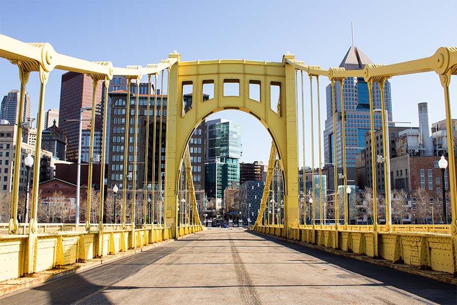 Contact - View of Yellow Bridge Leading to Downtown Pittsburgh Pennsylvania
